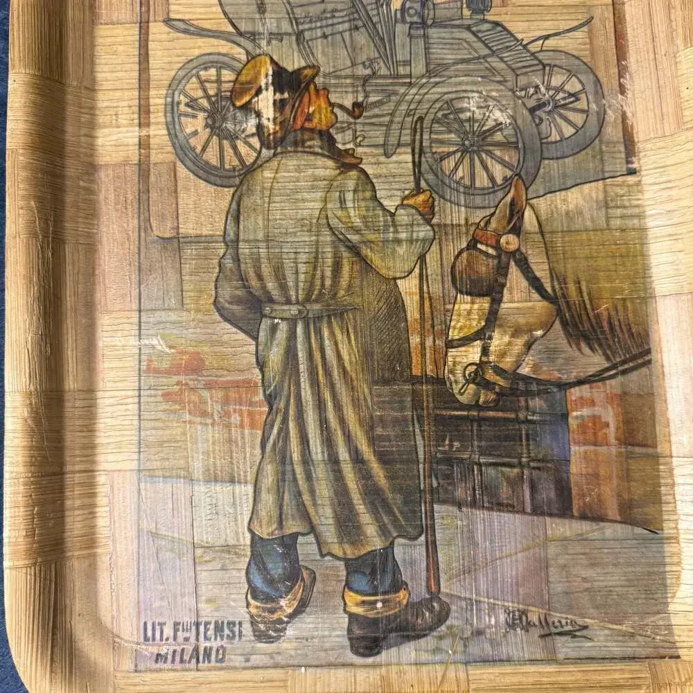 Vintage Automobili E Velocipedi F.lli Marchand Piacenza Woven Bamboo ServingTray